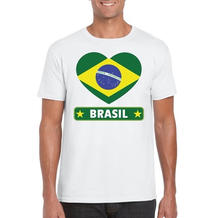 T-shirt wit Brazilie vlag in hart wit heren