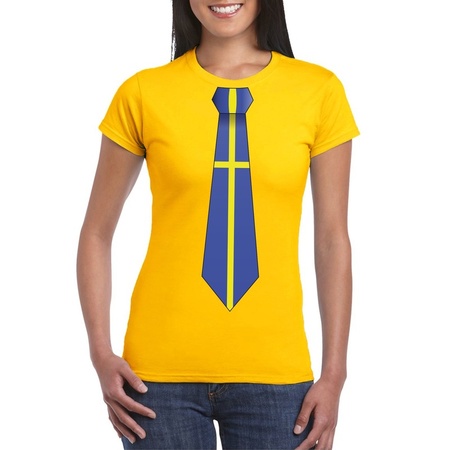 Geel t-shirt met Zweden vlag stropdas dames