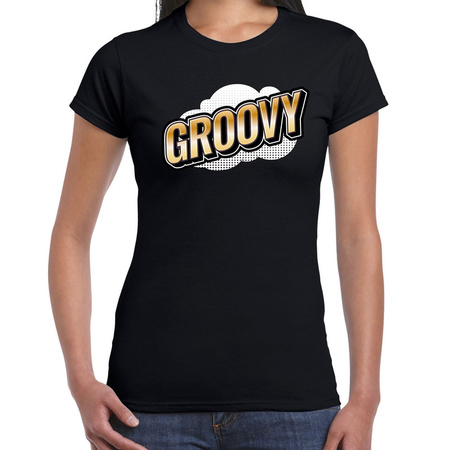 Groovy fun tekst t-shirt voor dames zwart in 3D effect
