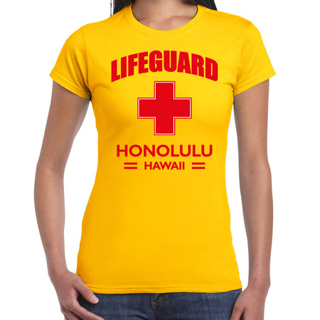 qCarnavalskleding reddingsbrigade / lifeguard Honolulu Hawaii shirt geel / voor bedrukking dames