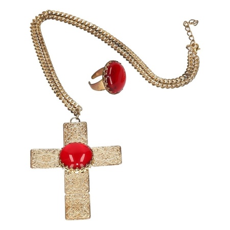 Feest Sinterklaasketting/Sinterklaasring verkleedaccessoire goud met kruis en rode stenen voor heren