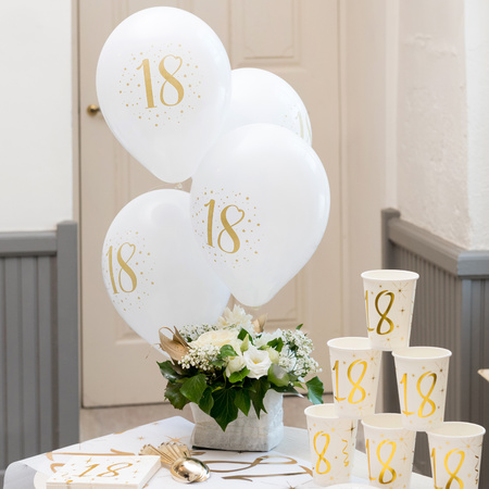 Birthday age balloons 18 years - 8x pieces - white/gold - 23 cm - Party supplies/decorations